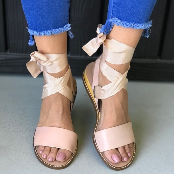 Blush Ribbons Lace Up Micro Wedge Leather Sandal - Picture 4 of 6